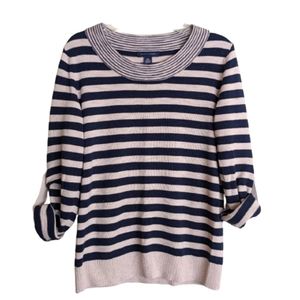 Tommy Hilfiger Sweater Navy Blue Tan Stripes Roll-tab Sleeves Nautical Small